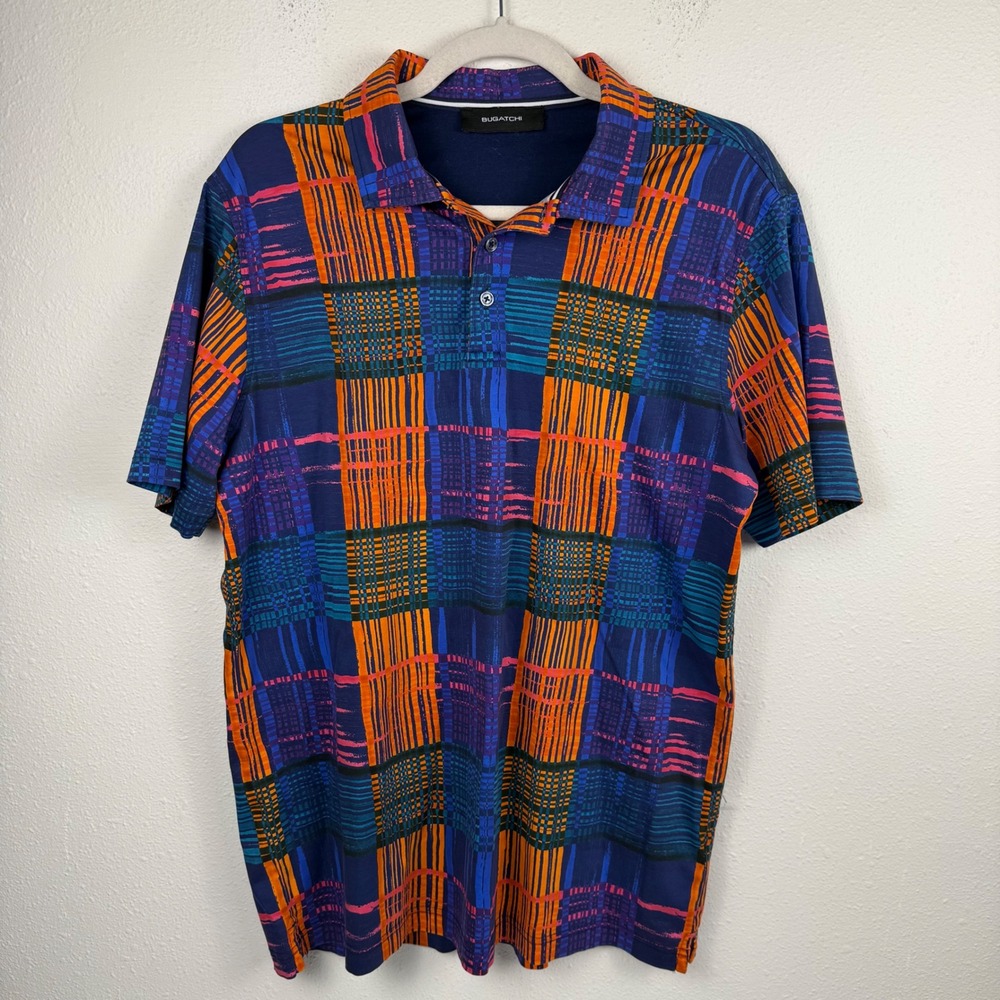 Bugatchi Mens Mercerized Cotton Polo Shirt L Abstract Plaid Blue Orange NBF43